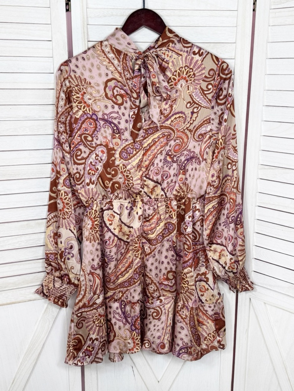Fate Paisley Boho Print Satin High Neck Mini Dress Medium Long Sleeve Festival - Picture 9 of 13